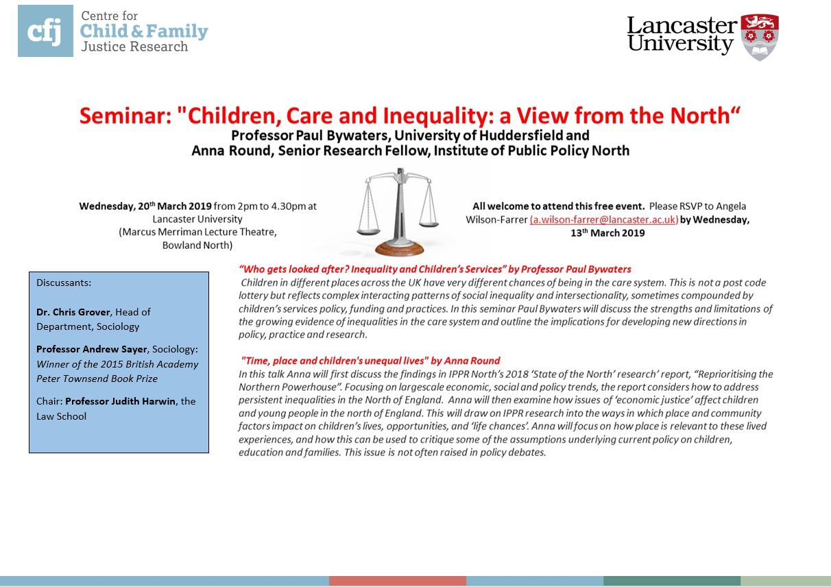Children, Care and Inequality: a View from the North: register to attend this seminar on 20th March now